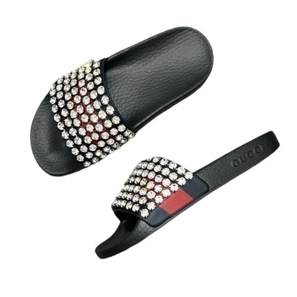 GUCCI Apollo Red and Blue Striped Crystal Embellished Leather Slides Size 36 NWT